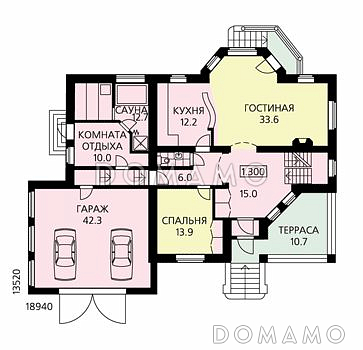 Проект дома из пенобетона с изысканными фасадами, гаражом на две машины, небольшой сауной / План 1 этажа