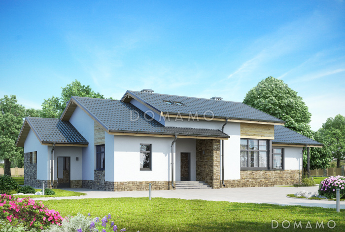 Проект дома с мансардными окнами, крытой террасой, просторной кухней-столовой с кладовой, сауной, вторым светом