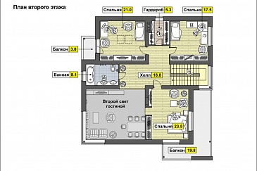 Проект дома по технологии ЛСТК со спальней на первом этаже, ванной с окном, вторым светом в гостиной, двумя балконами / План мансардного этажа