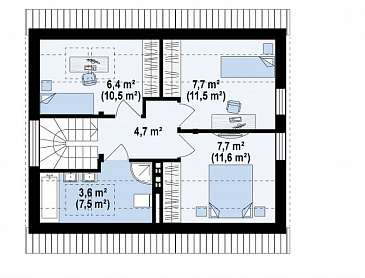 Проект компактного одноэтажного мансардного дома из газобетона с дополнительной спальней на первом этаже, адаптированный для сейсмоопасных регионов / План мансардного этажа