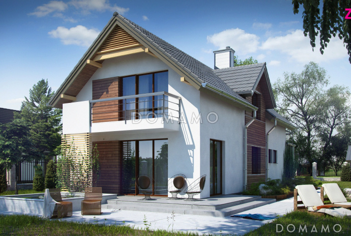 Проект одноэтажного мансардного дома из газобетона с гаражом для узкого участка