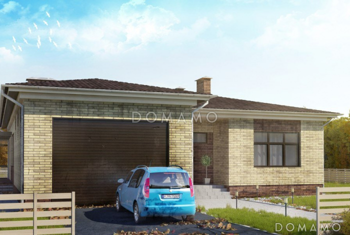 Проект большого одноэтажного дома со встроенным гаражом и большой террасой