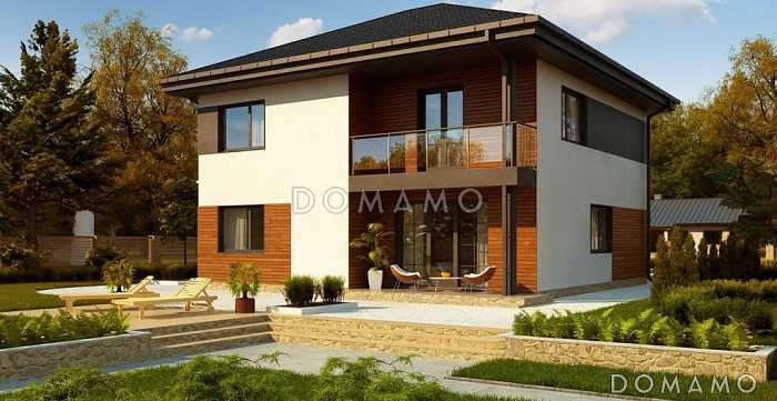 Проект загородного дома с балконом, кабинетом и спальней на первом этаже, тремя спальными комнатами на втором