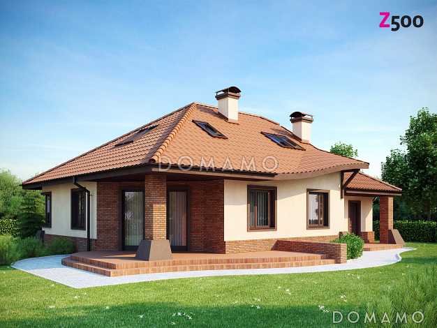 Проект просторного одноэтажного мансардного дома из газобетона с кабинетом, гаражом и комнатой над ним