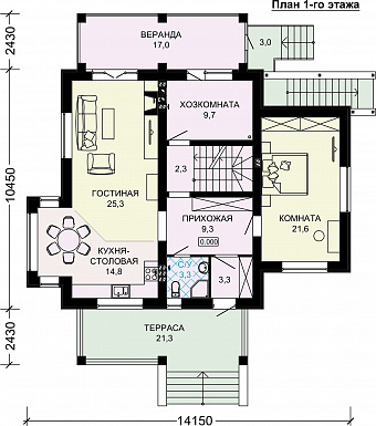 Проект дома из газобетона с цокольным этажом / План 1 этажа