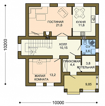 Проект квадратного коттеджа с облицовкой клинкером слоновая кость / План 1 этажа