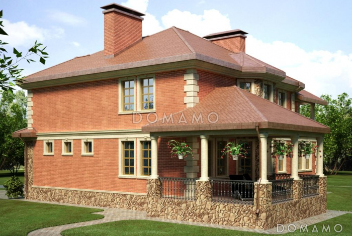 Проект загородного дома с крытой террасой с колоннами