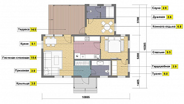 Проект одноэтажного каркасного дома с одной спальней, сауной и крытой террасой / План 1 этажа