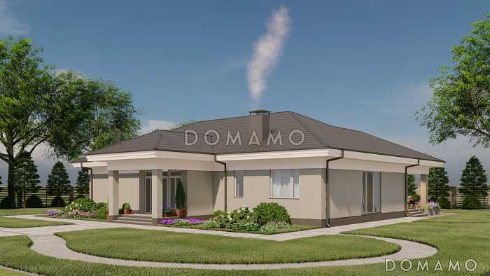 Проект одноэтажного кирпичного дома с цветочной террасой и просторной кухней-гостиной