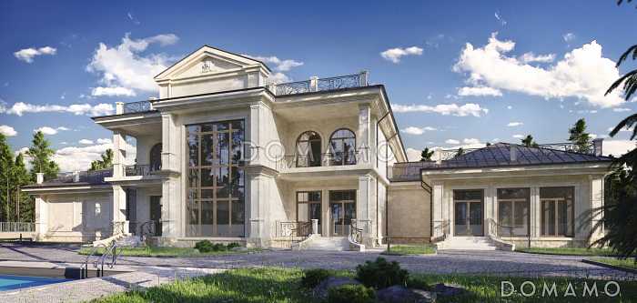 Проект загородного дома с бассейном, комнатами для отдыха и спорта, террасами, большим гаражом, спальнями на втором этаже