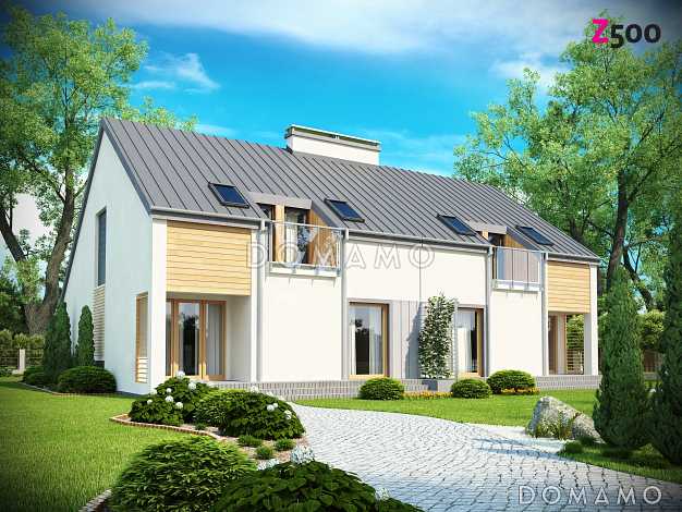 Проект мансардных домов-близнецов из кирпича с гаражом, тремя спальнями и красивым слуховым окном и балконом