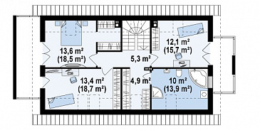 Проект одноэтажного мансардного дома из газобетона с гаражом на два автомобиля для вытянутого участка / План мансардного этажа
