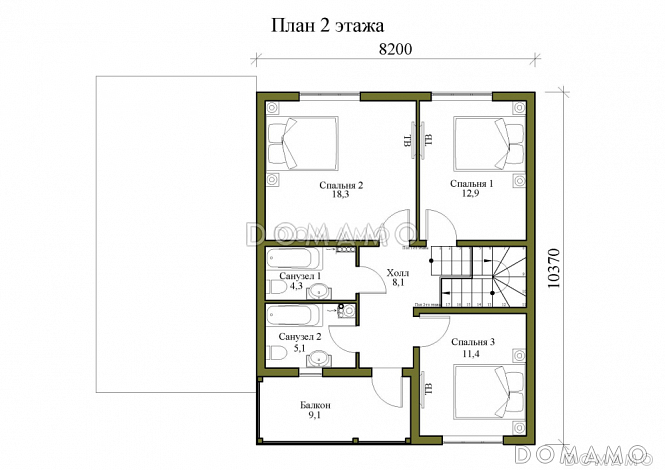 Проект двухэтажного каркасного дома с навесом и балконом / План мансардного этажа