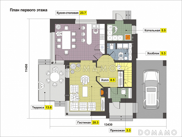 Проект частного дома из СИП панелей с навесом для автомобиля, панорамными окнами в кузне-столовой, длинным балконом на мансардном этаже / План 1 этажа