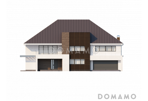 Проект большого комфортабельного двухэтажного дома из газобетона с пятью комнатами, спортзалом и вторым светом над просторной гостиной / Фасад 1