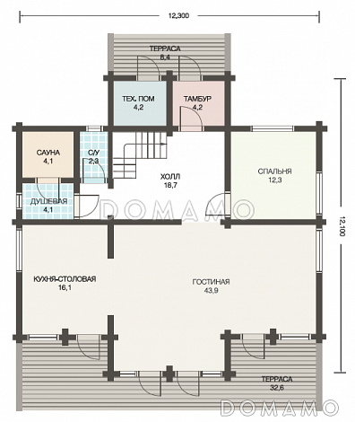 Проект дома из клееного бруса с большой верандой перед домом / План 1 этажа