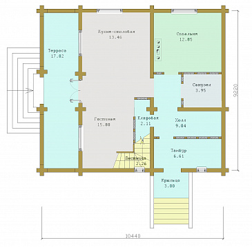 Проект дома из бруса с мансардным этажом / План 1 этажа