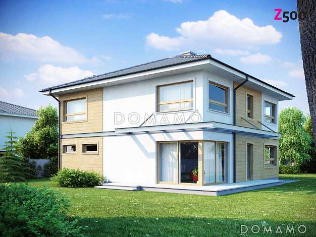 Проект двухэтажного дома из кирпича с четырьмя спальнями и удлинённым двухместным гаражом