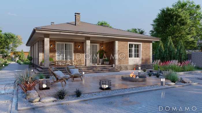 Проект дома с мастер-спальней, крытой террасой и встроенным гаражом