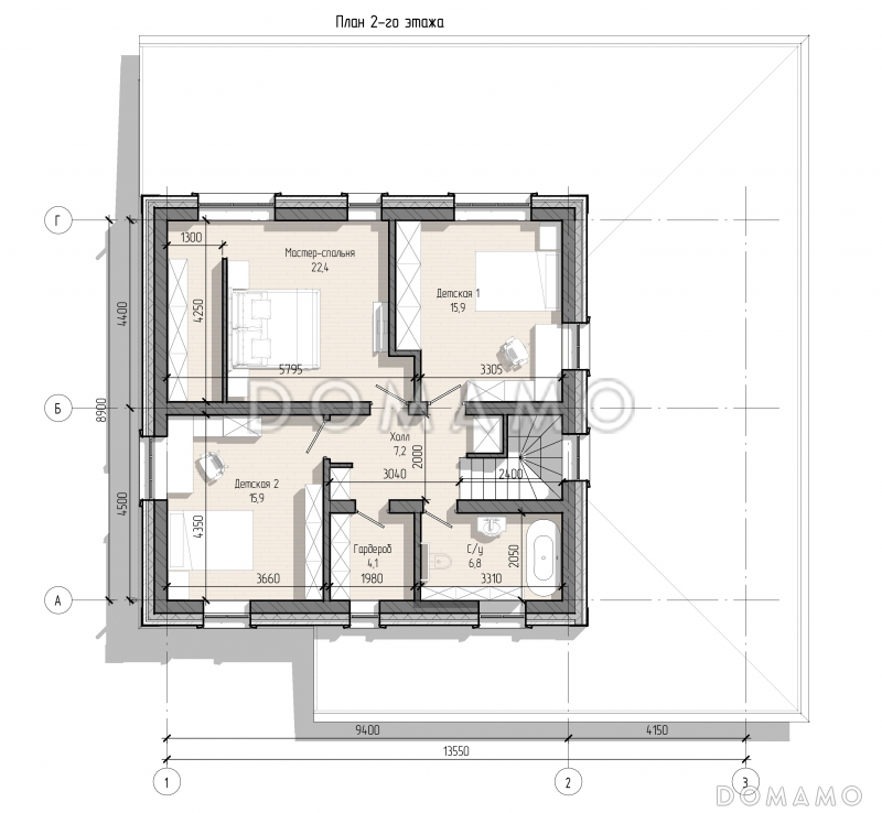 Проект загородного дома с террасой, гаражом, кабинетом, двумя детскими / План 2 этажа