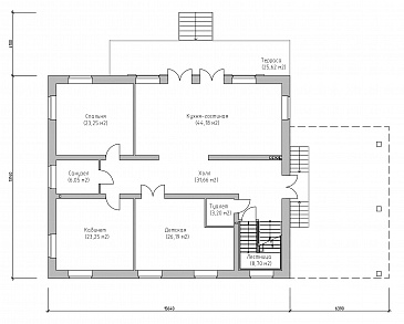 Проект большого современного дома с цокольным этажом и навесом для двух автомобилей / План 1 этажа