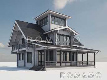 Проект двухэтажного дома из бруса с масштабной крытой террасой и бельведером