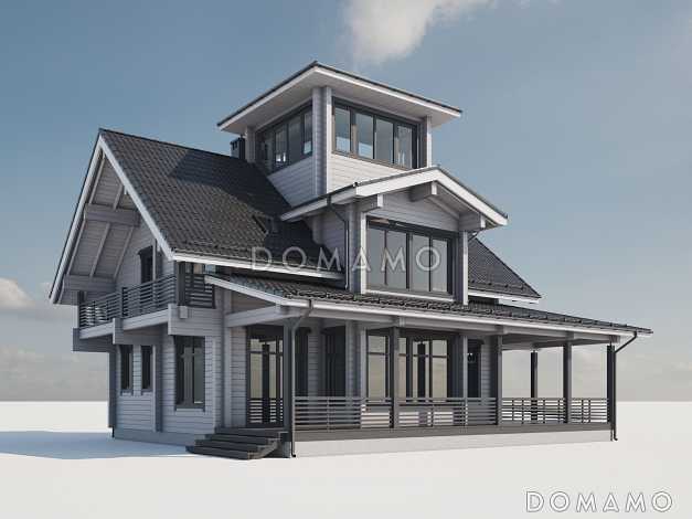 Проект двухэтажного дома из бруса с масштабной крытой террасой и бельведером