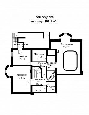 Проект импозантного особняка с гаражом на две машины, бассейном и тренажерным залом / План цокольного этажа