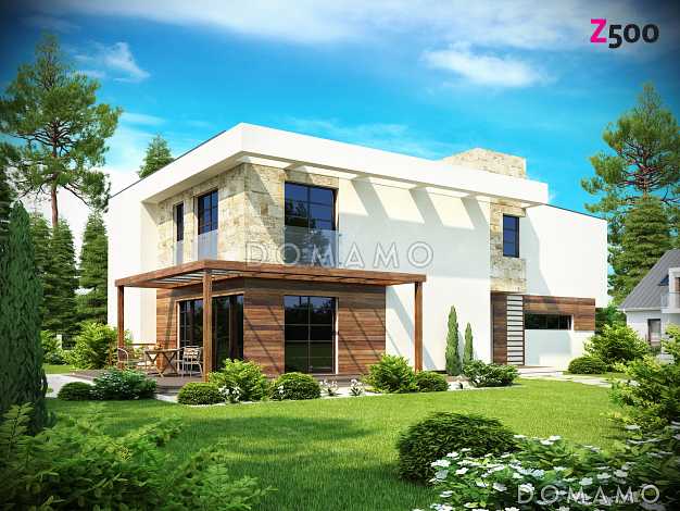 Проект современного двухэтажного дома из кирпича в стиле модерн с пятью спальнями, с гаражом, угловой террасой и балконом над ней