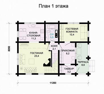 Проект дома из бревна с цокольным этажом / План 1 этажа