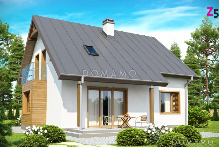 Проект одноэтажного мансардного дома из газобетона с прямоугольным эркером и балконом