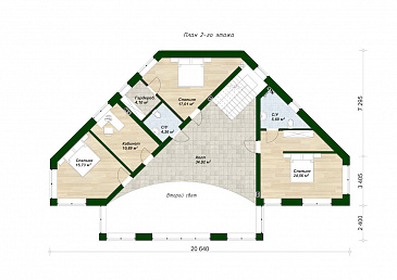 Проект дома сложной формы с 5 спальнями, кабинетом и большим холлом со вторым светом / План 2 этажа