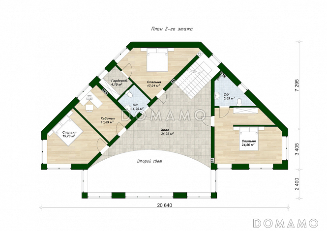 Проект дома сложной формы с 5 спальнями, кабинетом и большим холлом со вторым светом / План 2 этажа