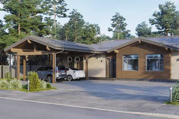 Проект Т-образного дома с навесом для автомобилей, крытой верандой для барбекю, открытой планировкой дневнойзоны