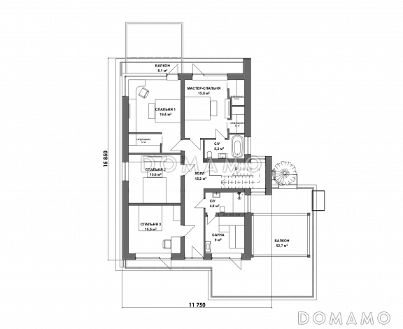 Проект современного двухэтажного дома из газобетона с сауной и балконом / План 2 этажа