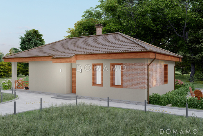 Проект одноэтажного дома из кирпича с большой террасой и двумя спальнями