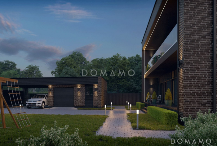 Проект двухэтажного кирпичного коттеджа с мастер-спальней, сауной и террасой барбекю