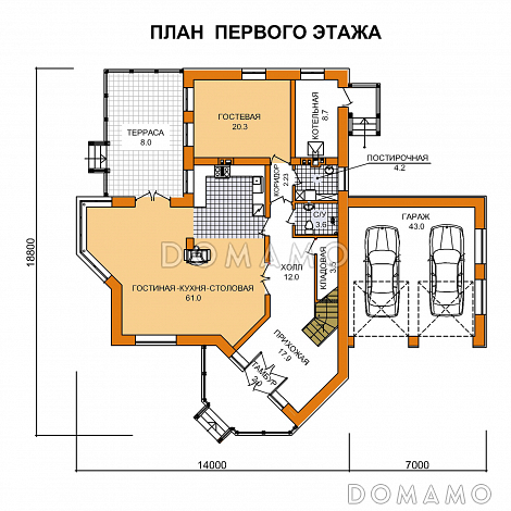 Проект дома из пеноблоков с сауной, гаражом на две машины / План 1 этажа