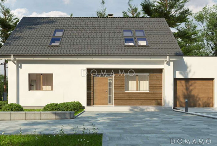 Проект одноэтажного коттеджа из газобетона с мансардным этажом, большой светлой гостиной и пристроенным гаражом